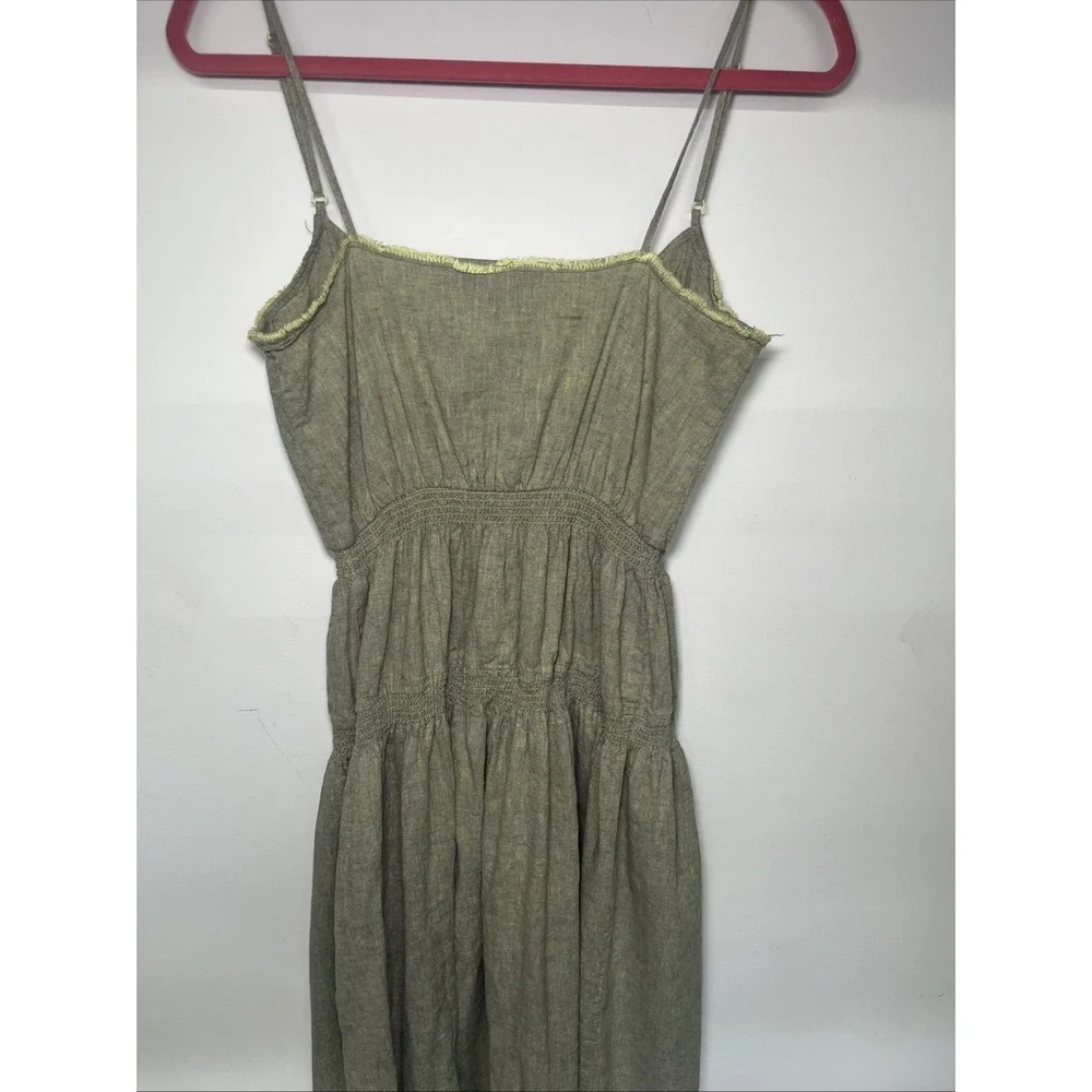 Urban Outfitters Linen Blend Midi Dress Sage Olive Green Smocked Button Front M - Picture 9 of 13